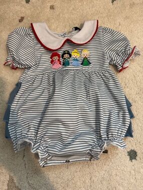 Striped Blue & White Baby Romper with Princess Embroidery